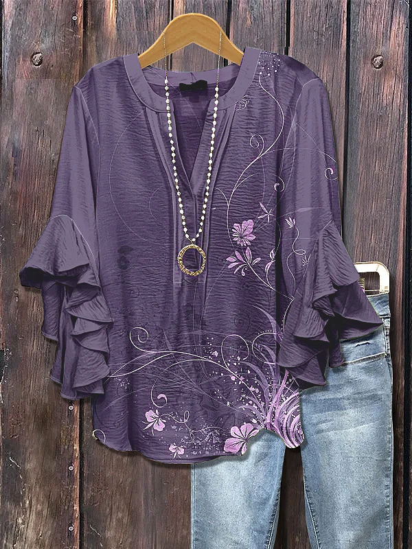 V Neck Half Sleeve Floral Printing Regular Loose Shirt For Women