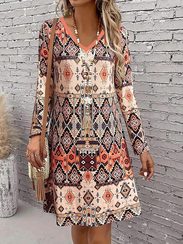 Women Geometric Spring/Fall Dress V Neck Long Sleeve A-Line Dress