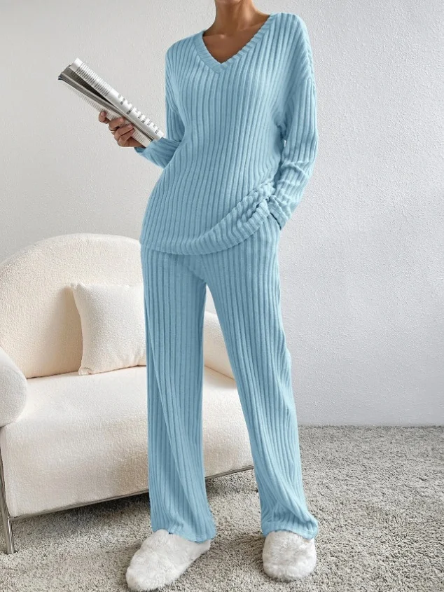 Women Plain Embossed Two-Piece Set Daily Long Sleeve Casual Spring/Fall Top With Pants Matching Set