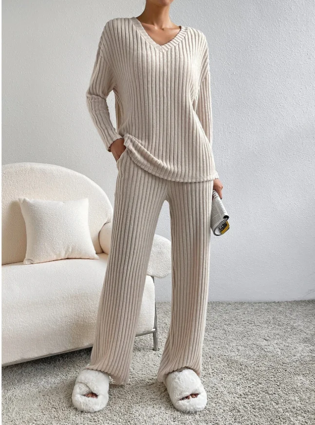 Women Plain Embossed Two-Piece Set Daily Long Sleeve Casual Spring/Fall Top With Pants Matching Set
