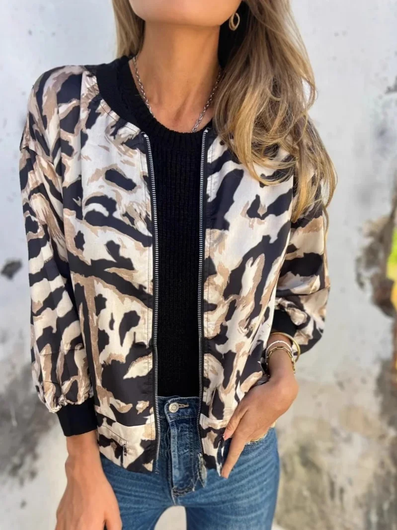 Women Spring/Fall Outerwear Vintage Printing Leopard Long Sleeve Stand Collar Jacket