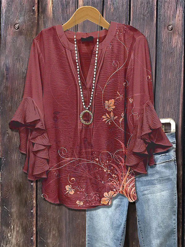 V Neck Half Sleeve Floral Printing Regular Loose Shirt For Women