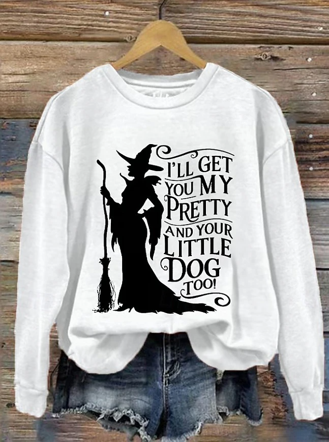 Halloween Witch Art Pattern Casual Crew Neck Sweatshirt