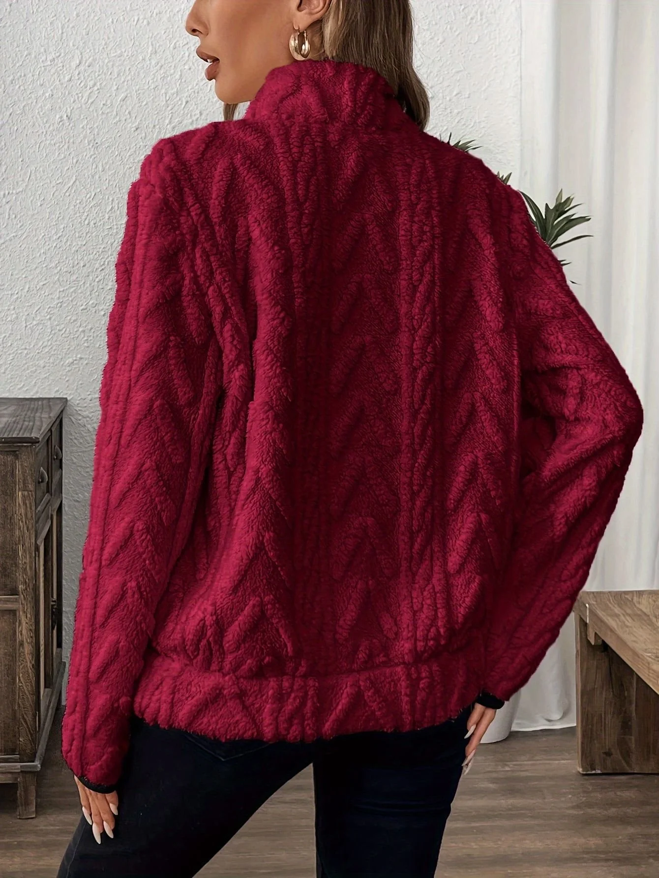 Casual V Neck Fleece Comfy Plain Sweatshirt