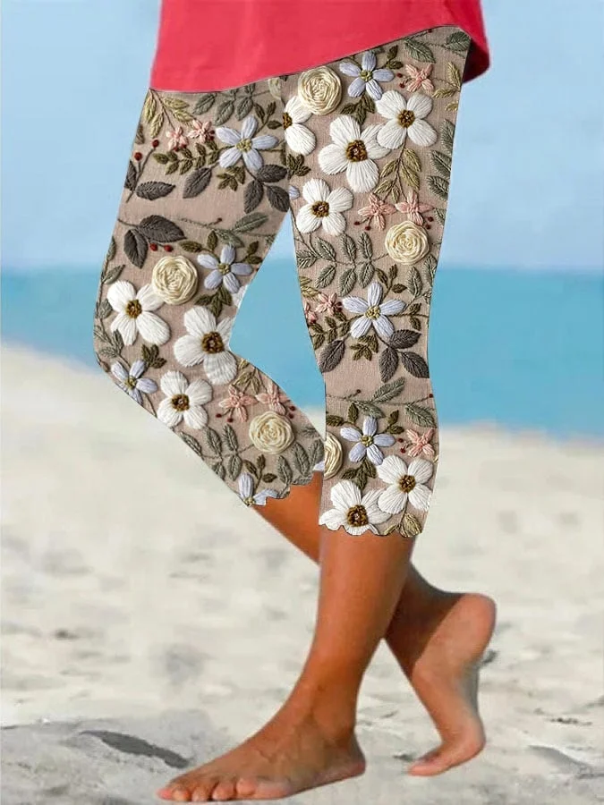 Women Floral Capris Elastic Waist Pants Casual Summer Trousers