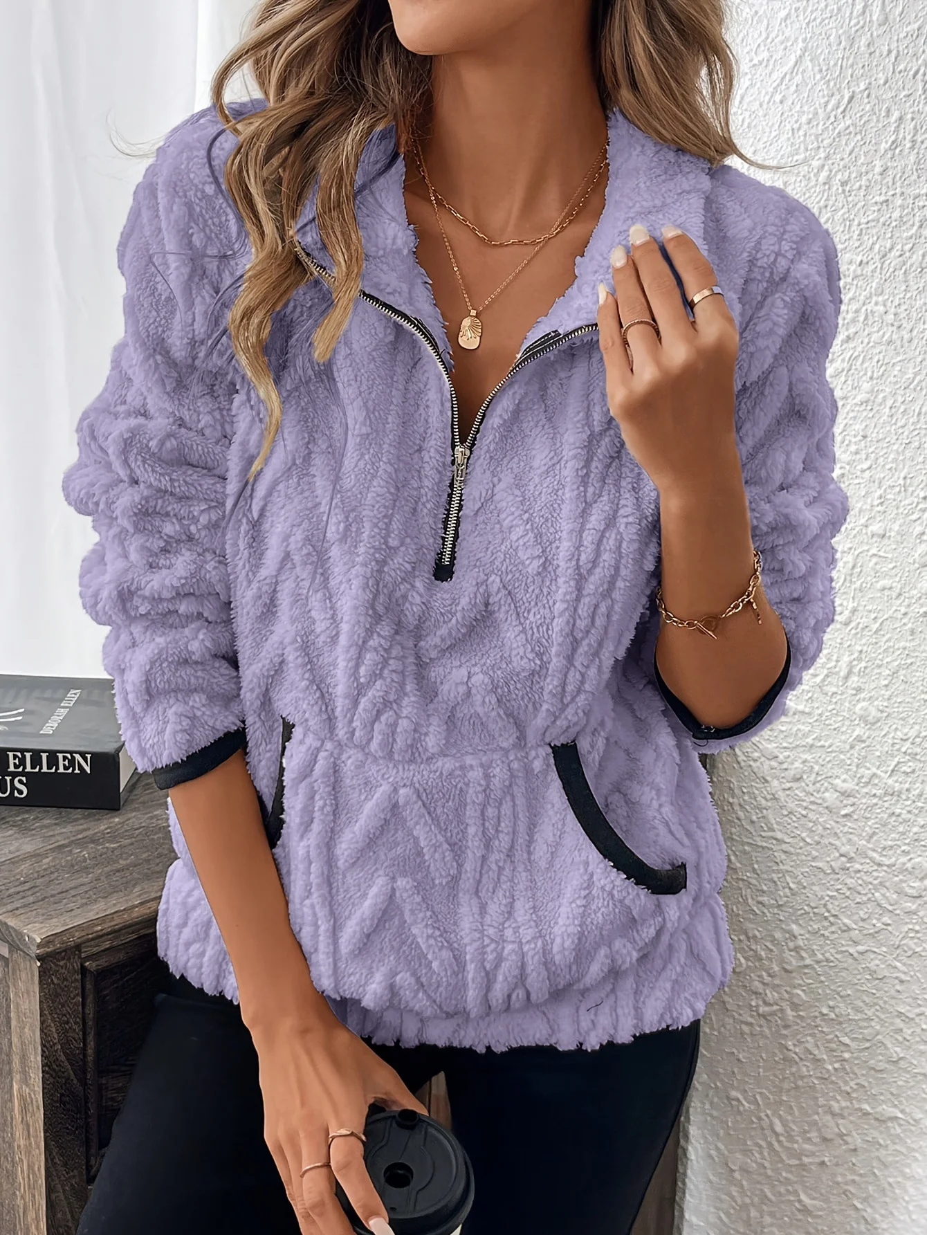 Casual V Neck Fleece Comfy Plain Sweatshirt