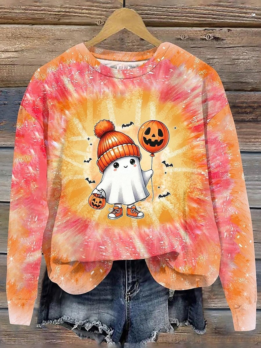 Halloween Cute Ghost Art Pattern Casual Crew Neck Sweatshirt