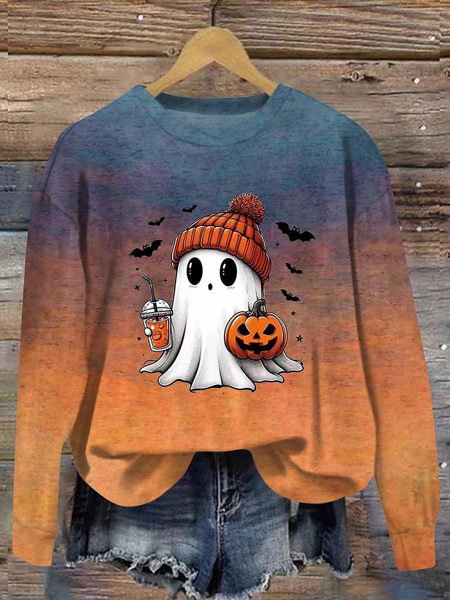Halloween Cute Ghost Art Pattern Casual Crew Neck Sweatshirt