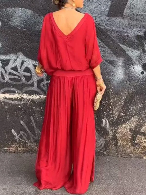 Women Plain Split Joint Two-Piece Set Daily Half Sleeve Casual Summer Top With Pants Matching Set