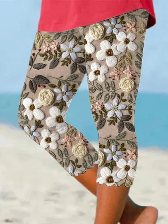 Women Floral Capris Elastic Waist Pants Casual Summer Trousers