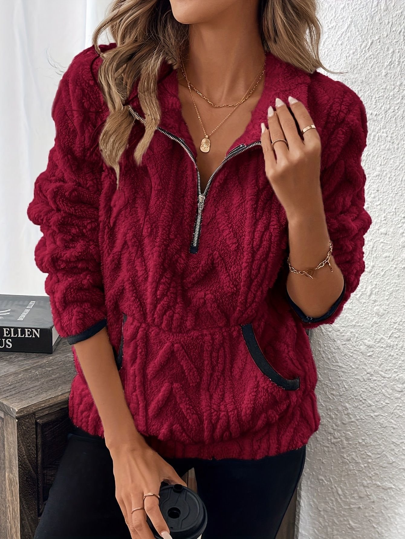 Casual V Neck Fleece Comfy Plain Sweatshirt