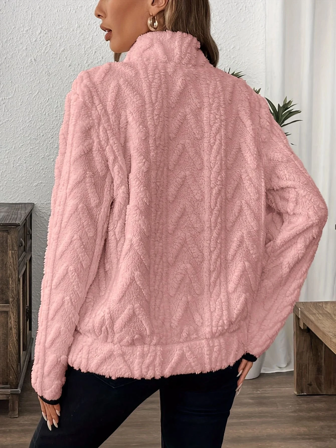 Casual V Neck Fleece Comfy Plain Sweatshirt