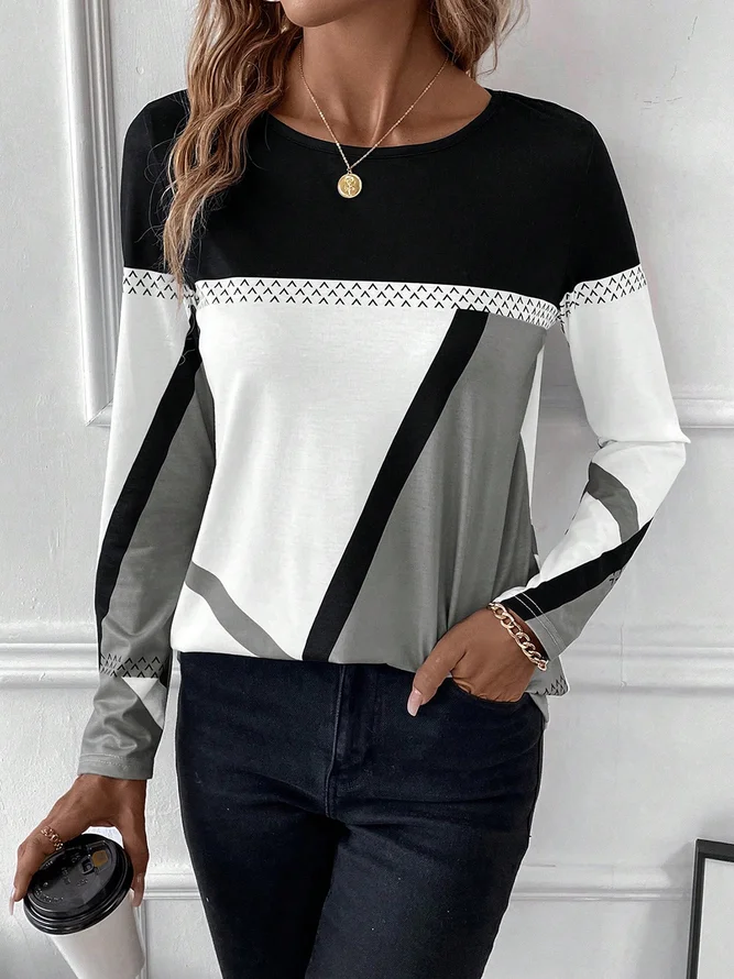 Casual Abstract Crew Neck Long Sleeve T-shirt