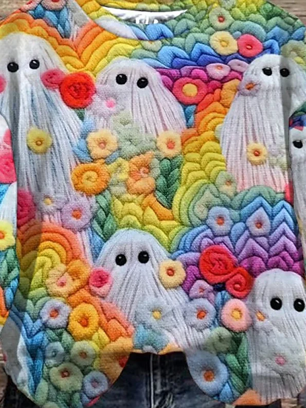 Halloween Cute 3D Ghost Art Pattern Casual Crew Neck Sweatshirt