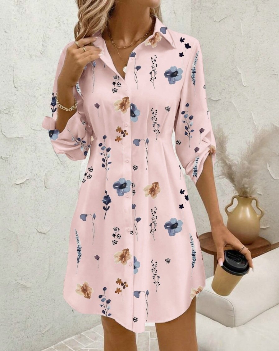 Women Floral Spring/Fall Dress Shirt Collar Long Sleeve A-Line Dress