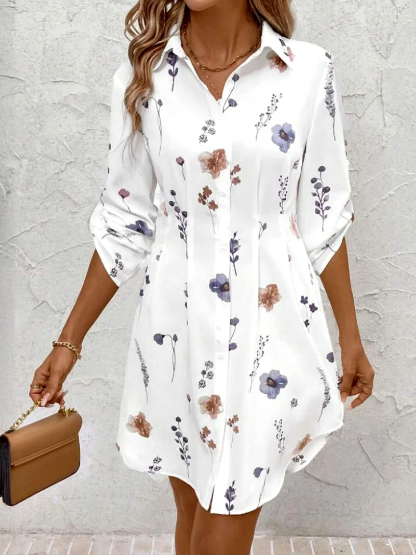 Women Floral Spring/Fall Dress Shirt Collar Long Sleeve A-Line Dress