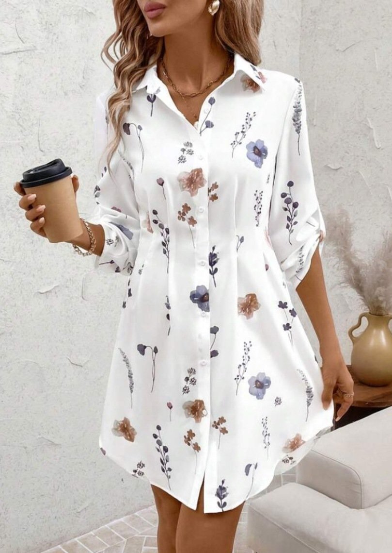 Women Floral Spring/Fall Dress Shirt Collar Long Sleeve A-Line Dress
