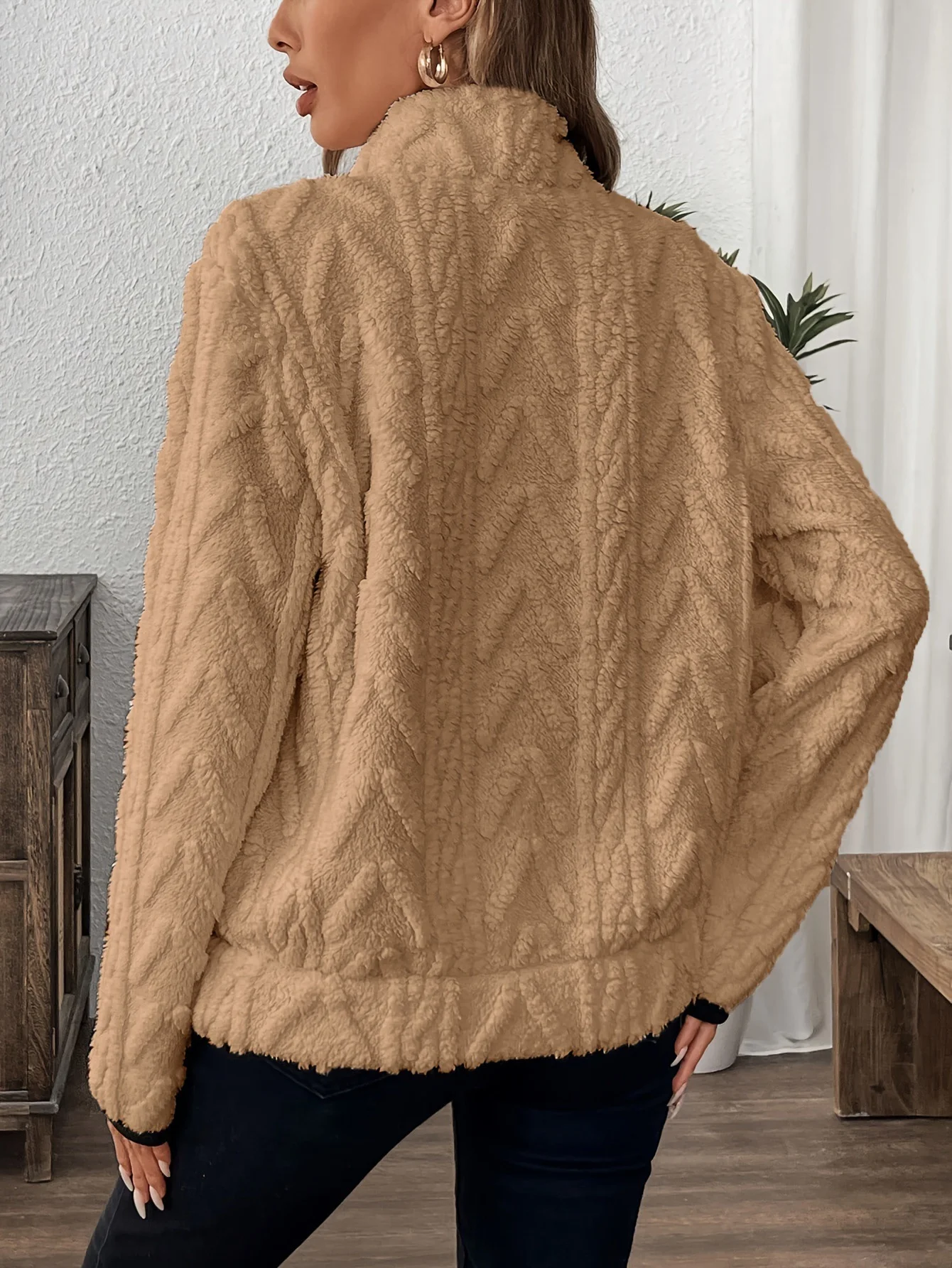 Casual V Neck Fleece Comfy Plain Sweatshirt