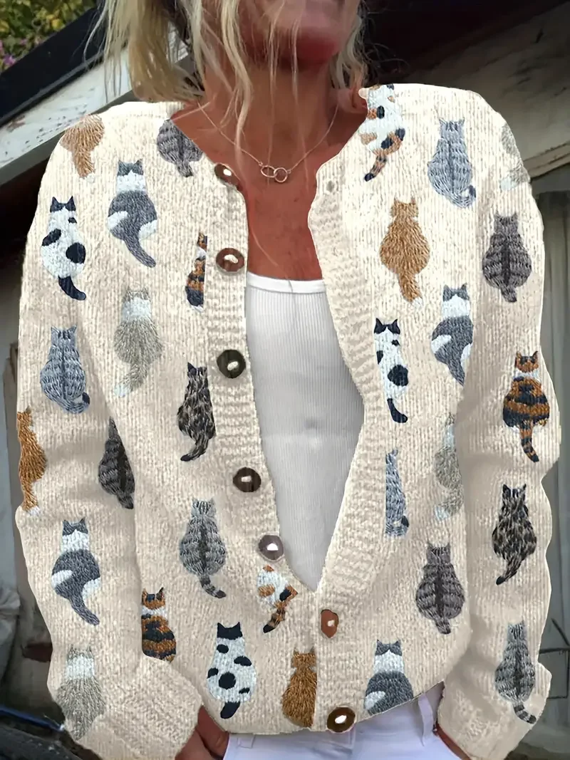 Women Knitted Cat Long Sleeve Comfy Vintage Cardigan