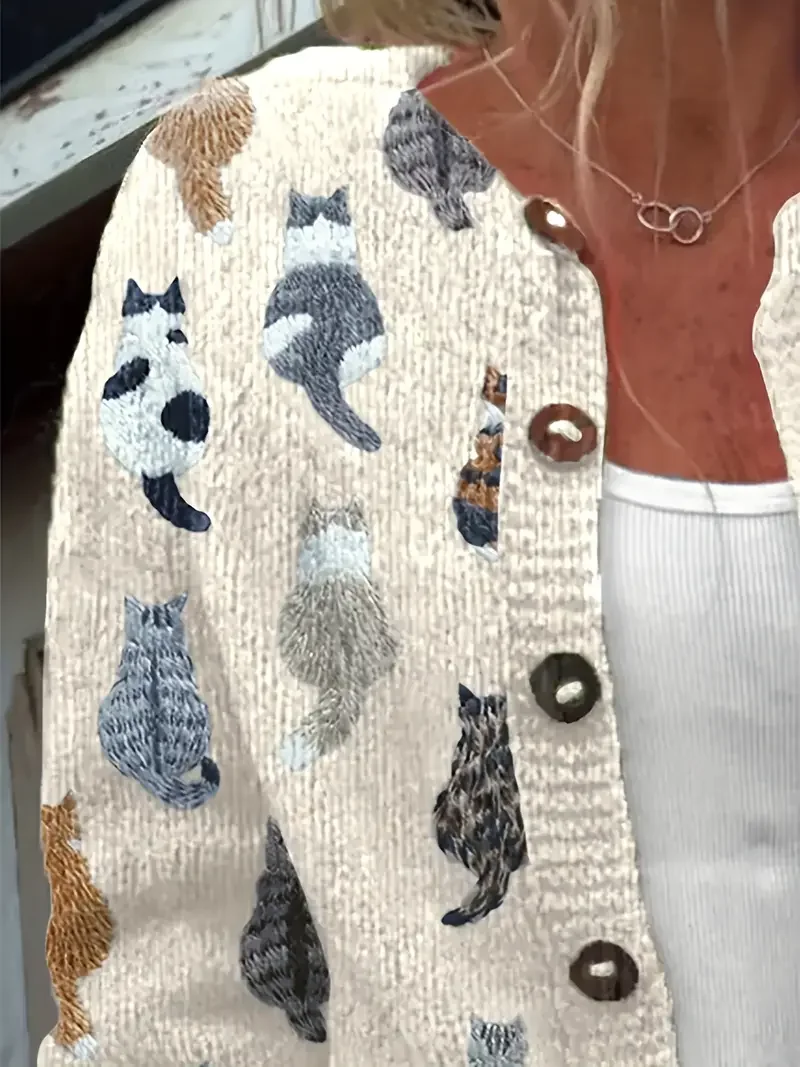 Women Knitted Cat Long Sleeve Comfy Vintage Cardigan