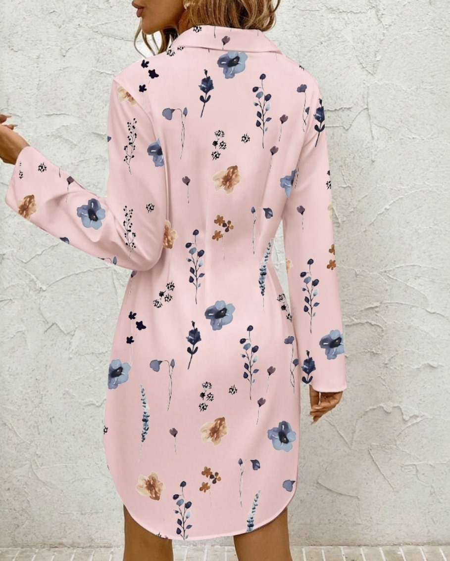 Women Floral Spring/Fall Dress Shirt Collar Long Sleeve A-Line Dress