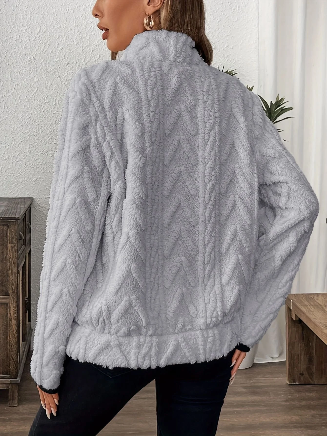 Casual V Neck Fleece Comfy Plain Sweatshirt