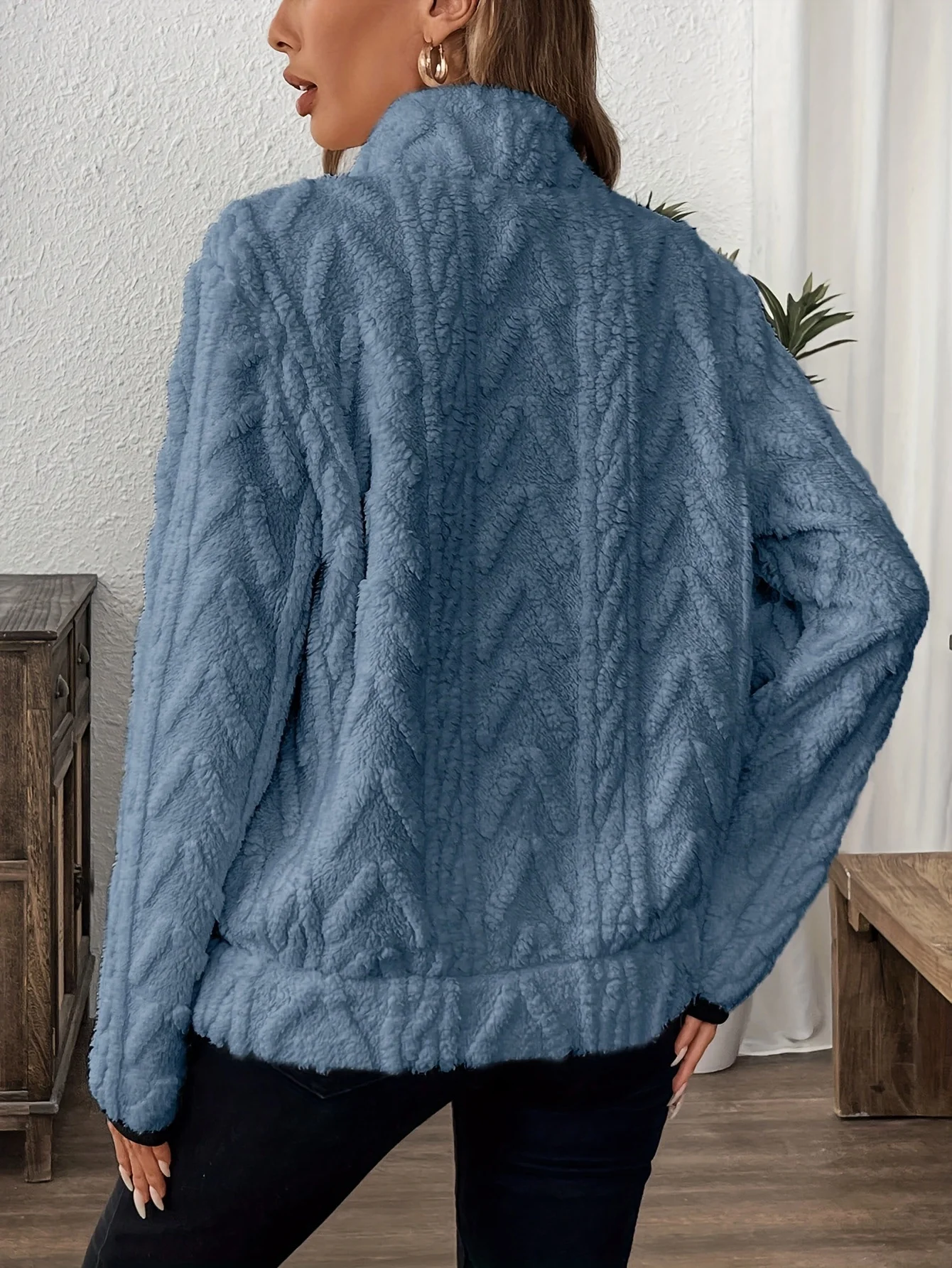 Casual V Neck Fleece Comfy Plain Sweatshirt