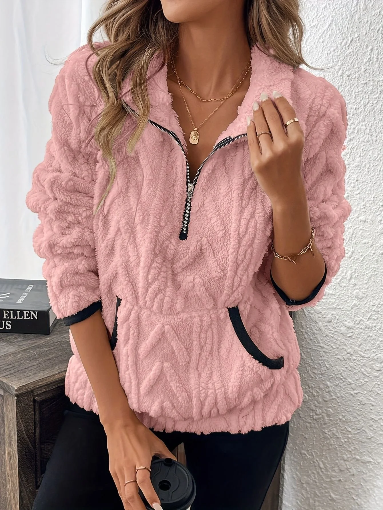 Casual V Neck Fleece Comfy Plain Sweatshirt