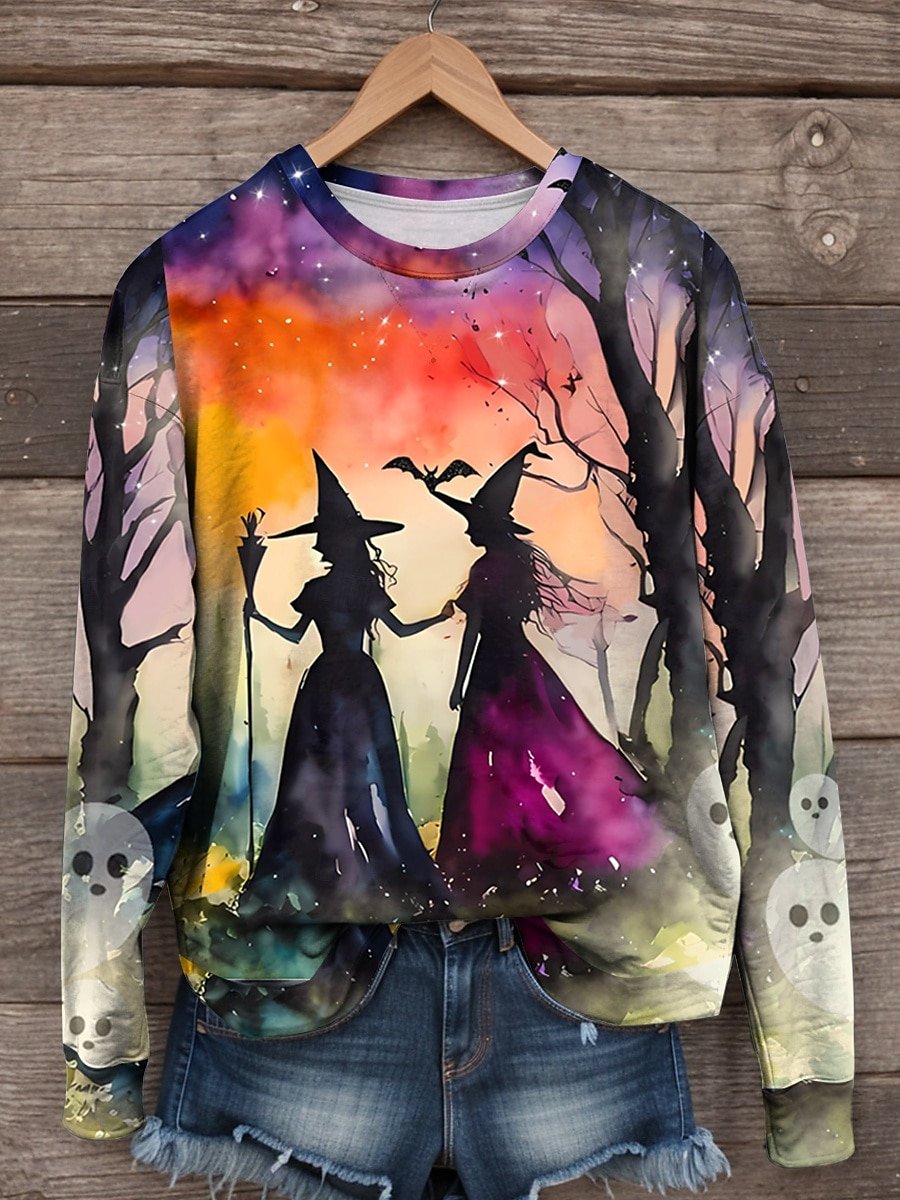 Halloween Witch Art Pattern Casual Crew Neck Sweatshirt