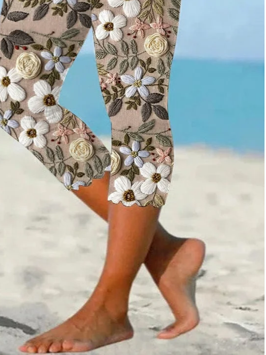Women Floral Capris Elastic Waist Pants Casual Summer Trousers