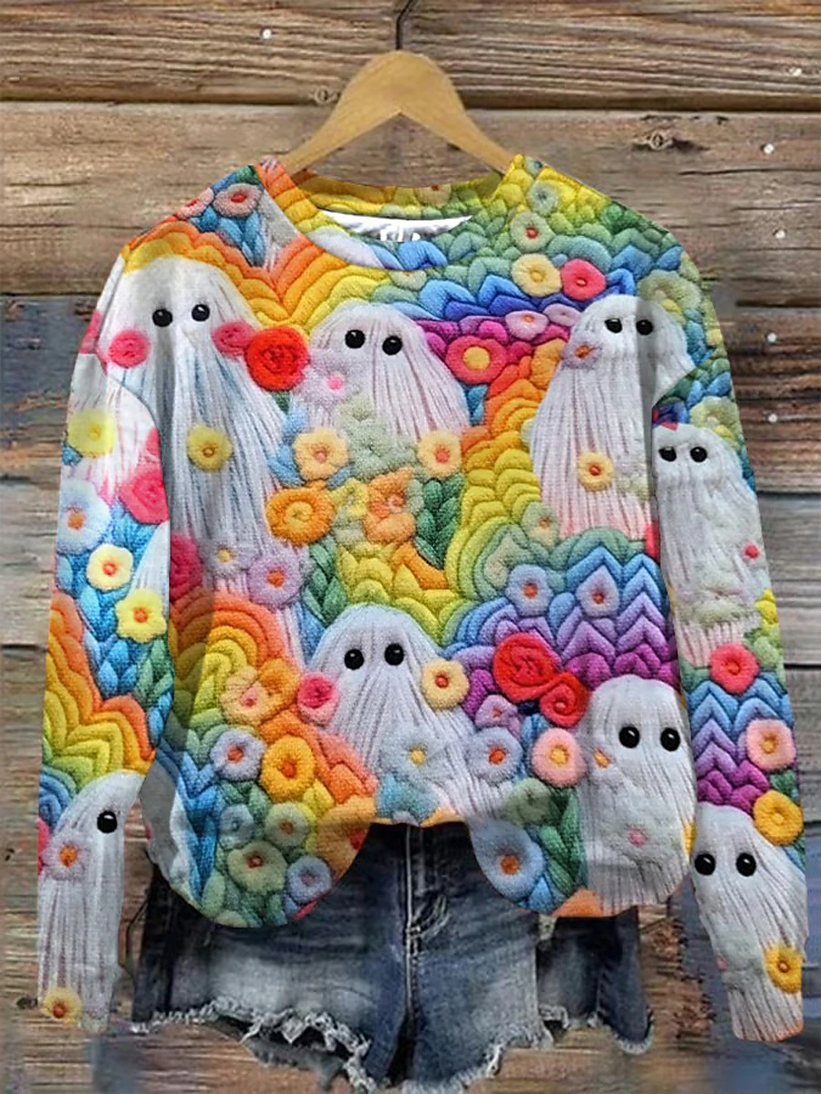 Halloween Cute 3D Ghost Art Pattern Casual Crew Neck Sweatshirt