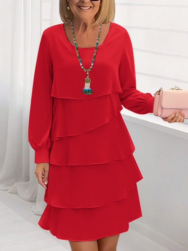 Women Plain Spring/Fall Dress Crew Neck Long Sleeve A-Line Dress