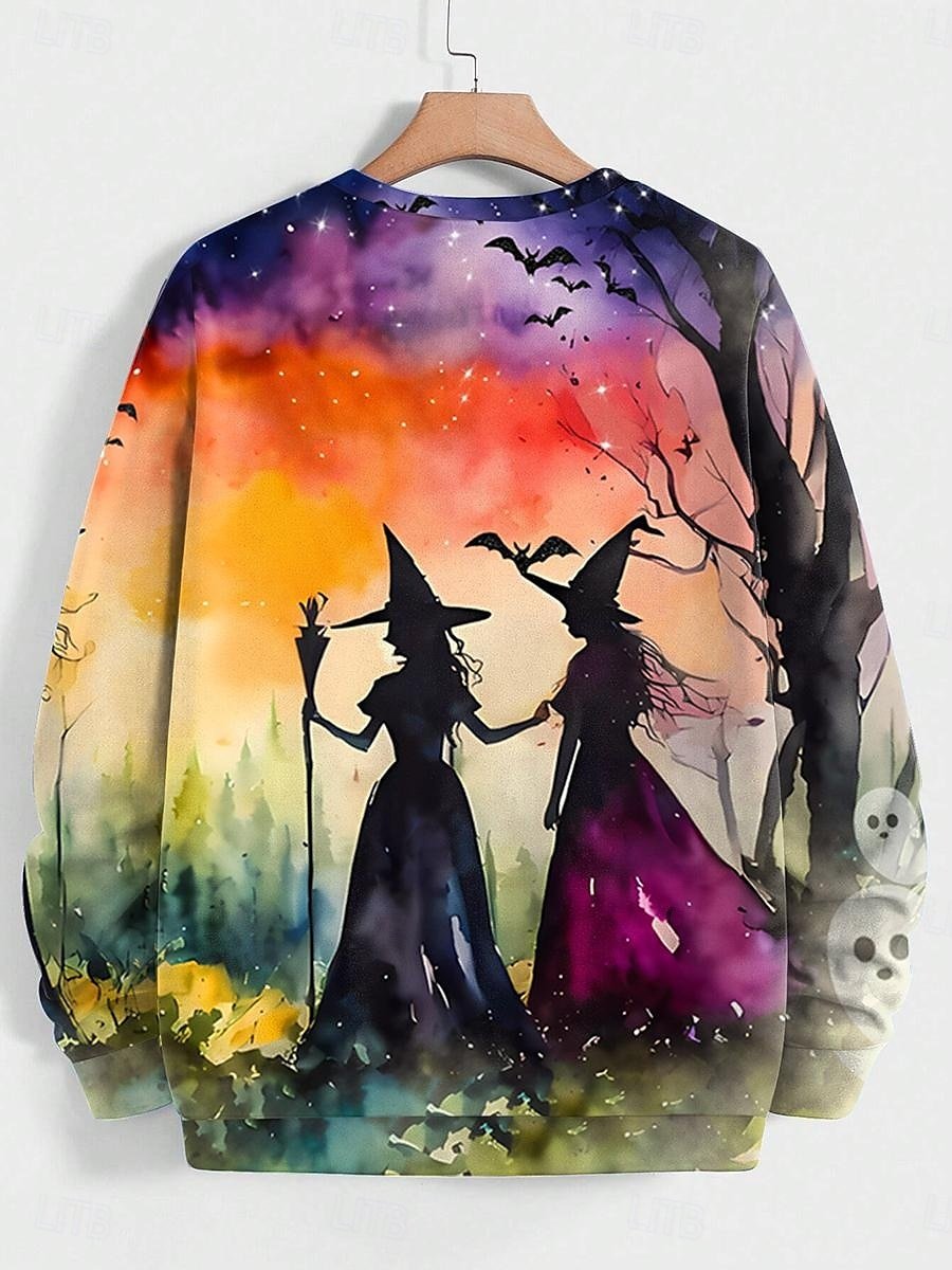 Halloween Witch Art Pattern Casual Crew Neck Sweatshirt