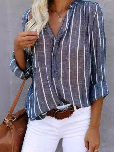 V Neck Long Sleeve Striped Printing Regular Micro-Elasticity Loose Tunic Shirt For Women