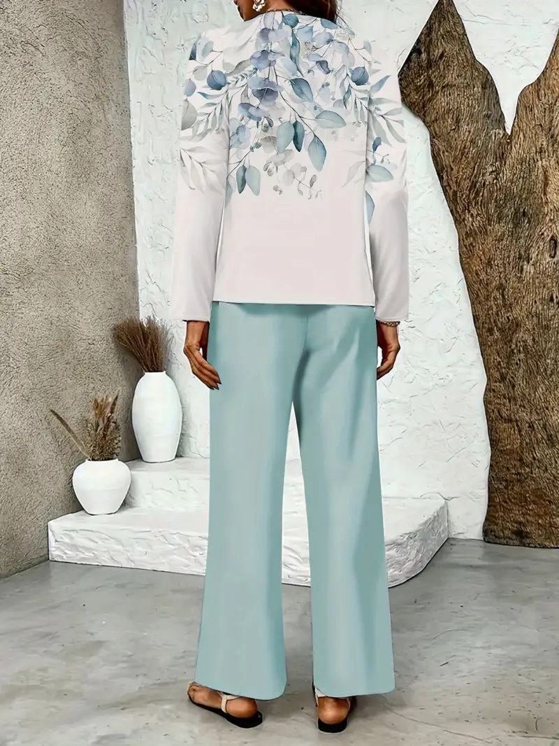 Women Floral Printing Two-Piece Set Daily Long Sleeve Casual Spring/Fall Top With Pants Matching Set
