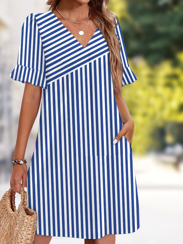 Women Plain Summer Dress V Neck Short Sleeve Fit & Flare Dress A-Line Dress