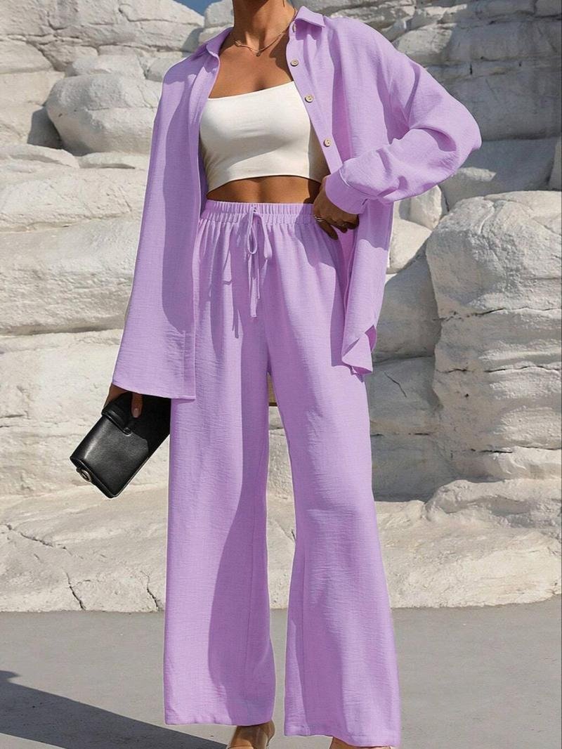 Women Plain Split Joint Two-Piece Set Daily Long Sleeve Casual Spring/Fall Top With Pants Matching Set