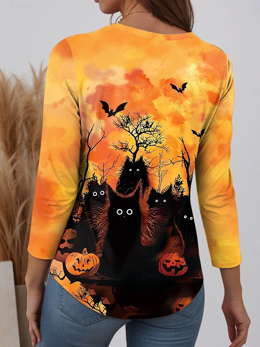 Halloween T-shirt Black Cat Pattern Vintage Crew Neck Long Sleeve Blouse