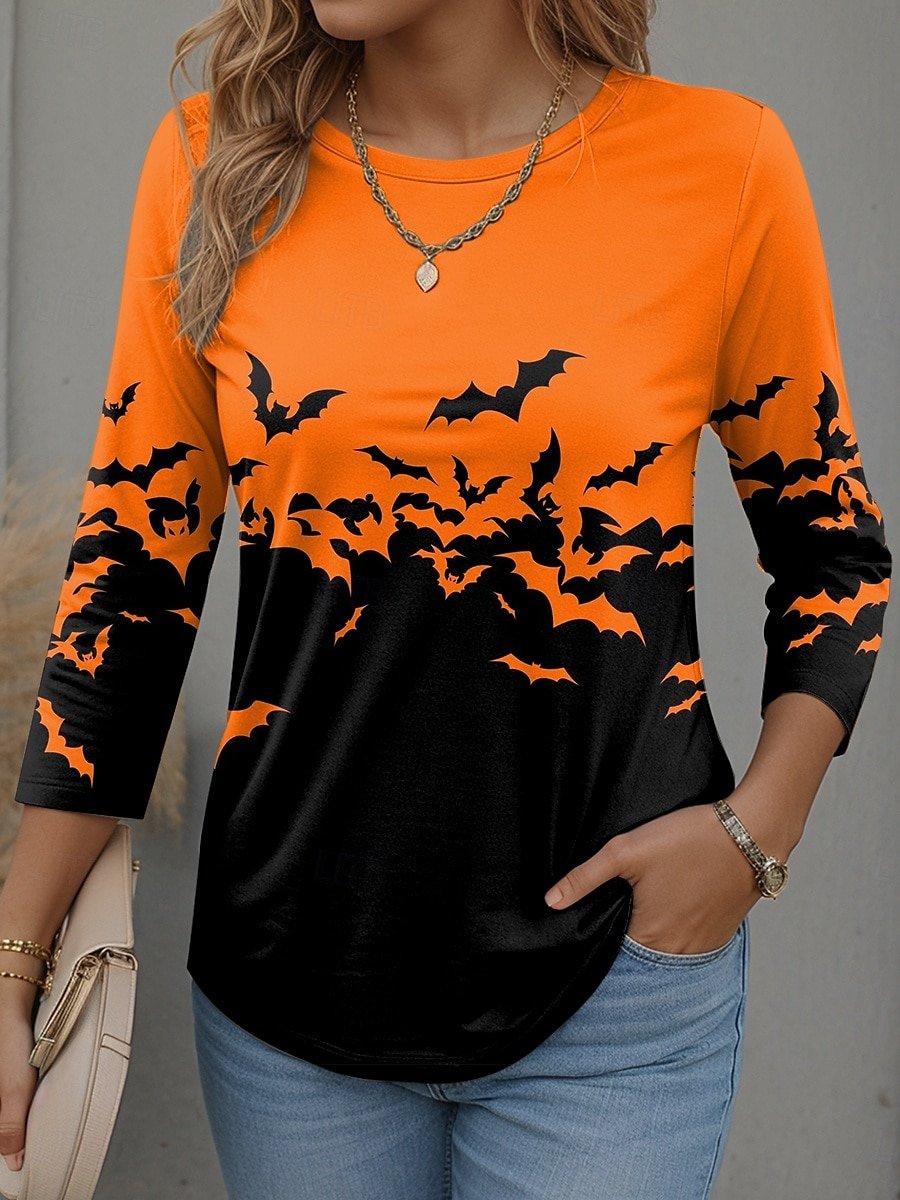 Halloween T-shirt Black Cat Pattern Vintage Crew Neck Long Sleeve Blouse