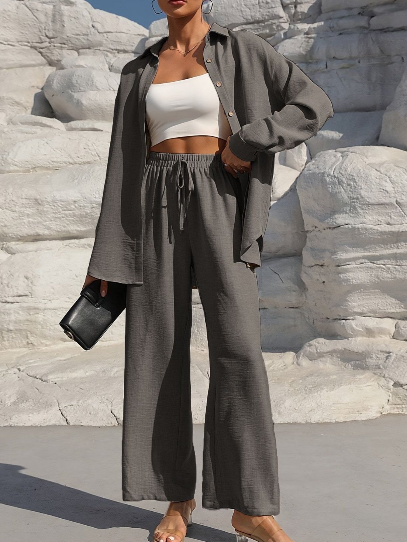 Women Plain Split Joint Two-Piece Set Daily Long Sleeve Casual Spring/Fall Top With Pants Matching Set