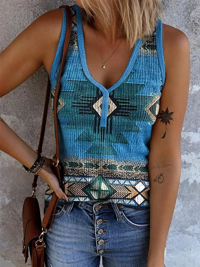 Casual V Neck Geometric Tank Top