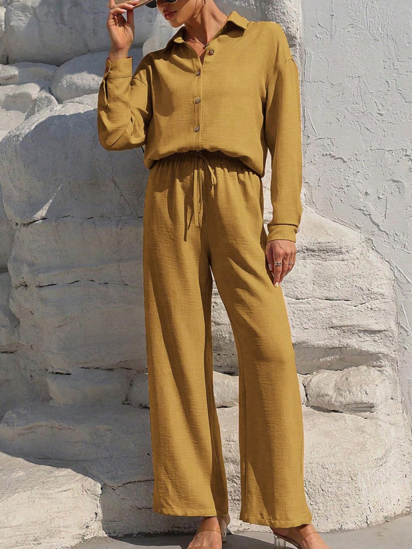 Women Plain Split Joint Two-Piece Set Daily Long Sleeve Casual Spring/Fall Top With Pants Matching Set