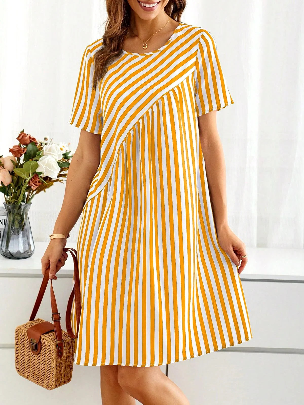 Women Striped Summer Dress Crew Neck Short Sleeve A-Line Dress