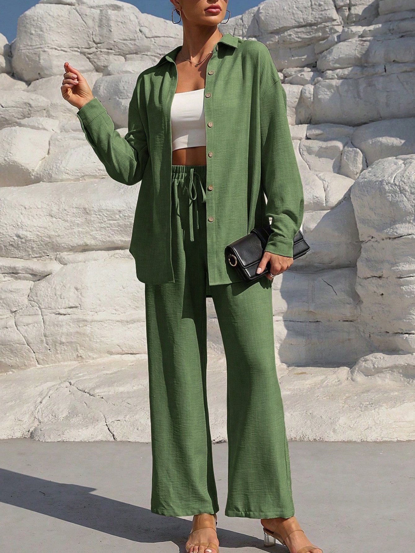 Women Plain Split Joint Two-Piece Set Daily Long Sleeve Casual Spring/Fall Top With Pants Matching Set