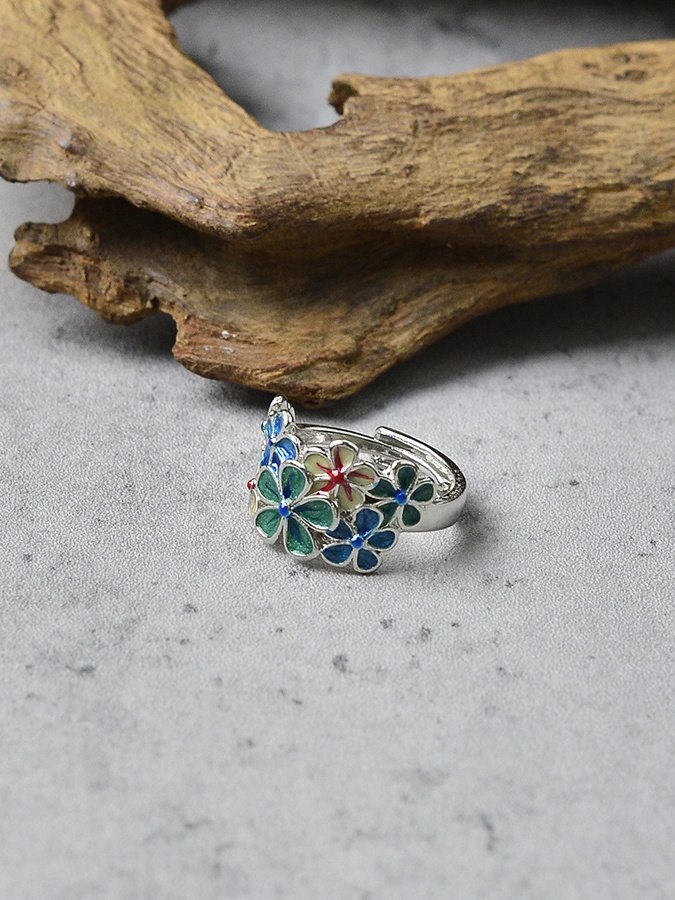 Exquisite Open Enamel Creative Retro Color Flower Ring Ethnic Style Classical Open Adjustable Ring