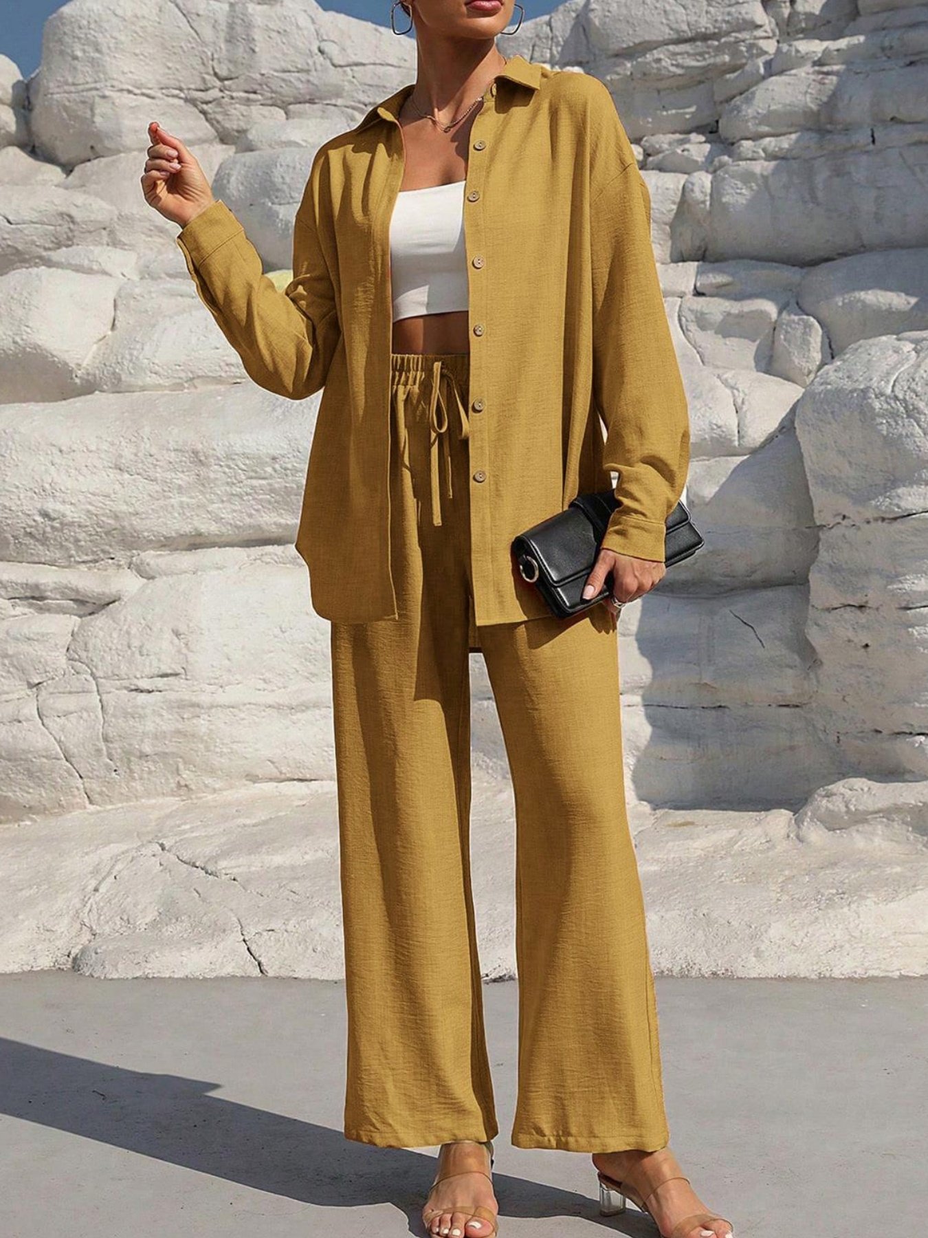 Women Plain Split Joint Two-Piece Set Daily Long Sleeve Casual Spring/Fall Top With Pants Matching Set
