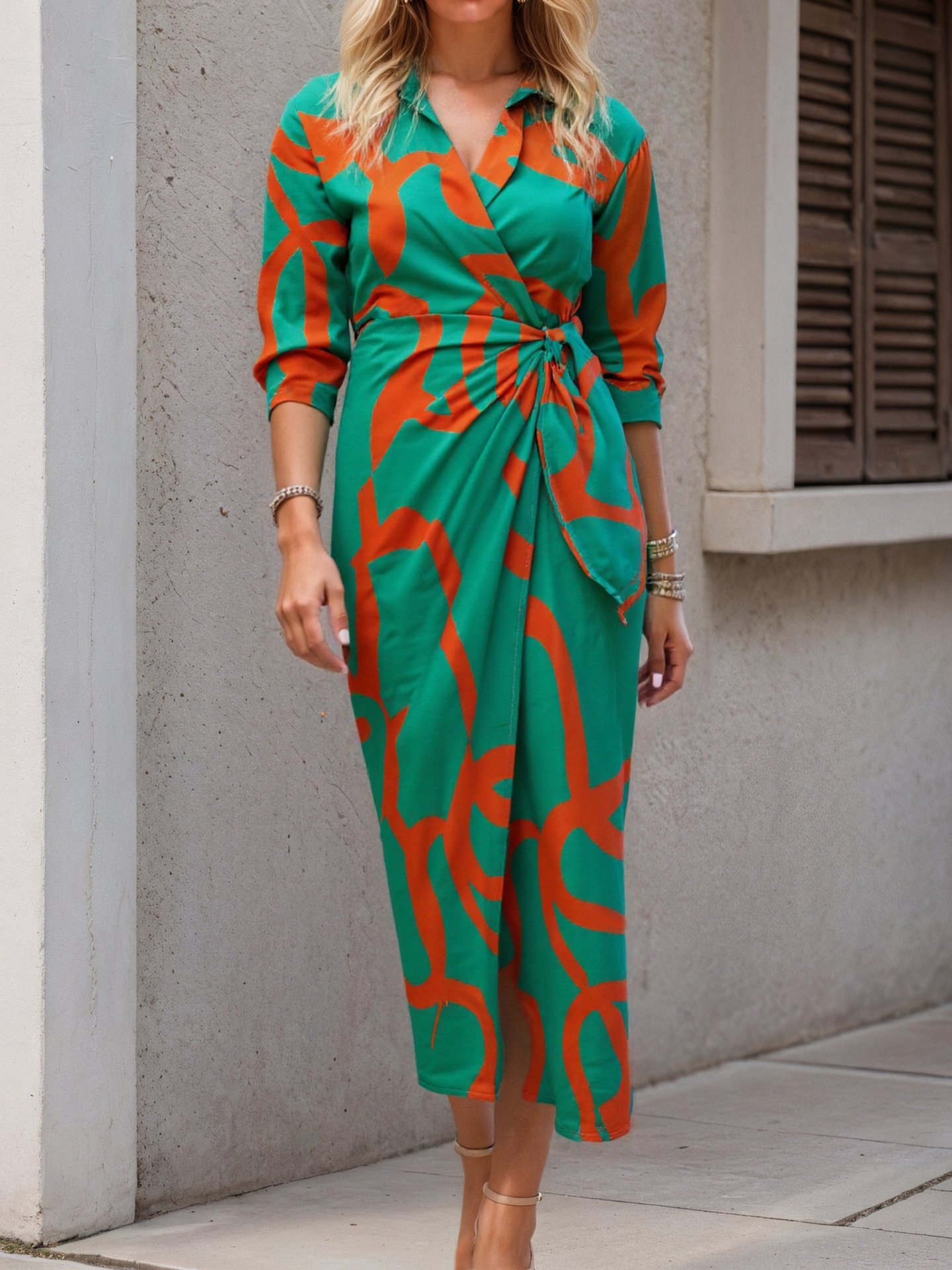 Women Geometric Spring/Fall Dress Shirt Collar Long Sleeve A-Line Dress