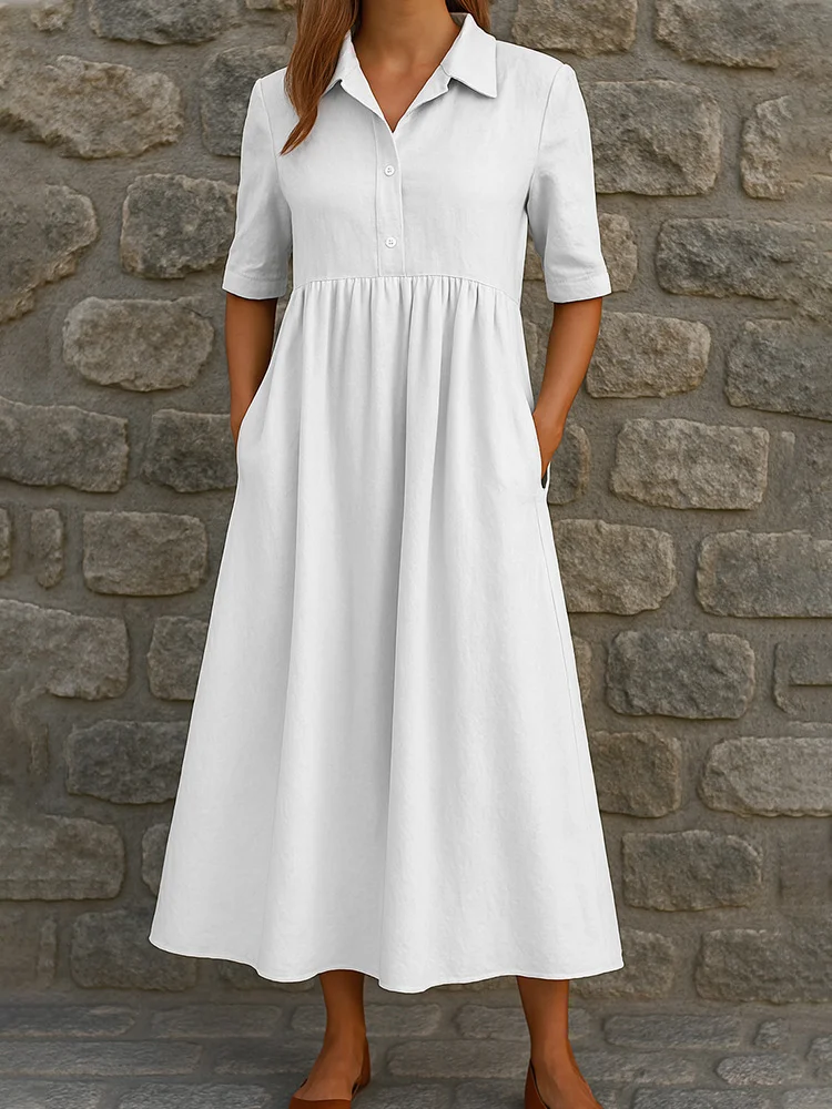 Women Plain Summer Dress Shirt Collar Short Sleeve A-Line Dress