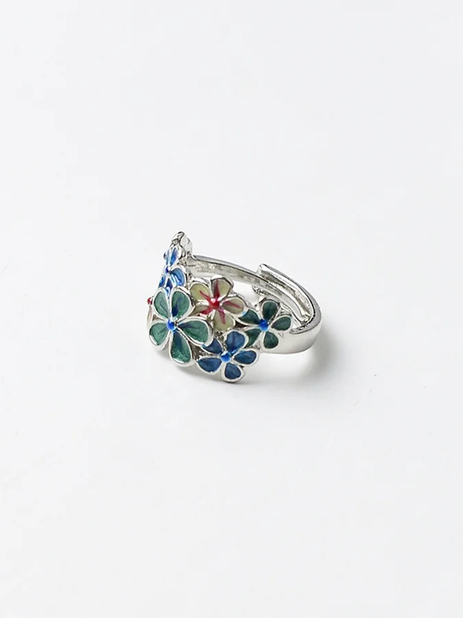 Exquisite Open Enamel Creative Retro Color Flower Ring Ethnic Style Classical Open Adjustable Ring