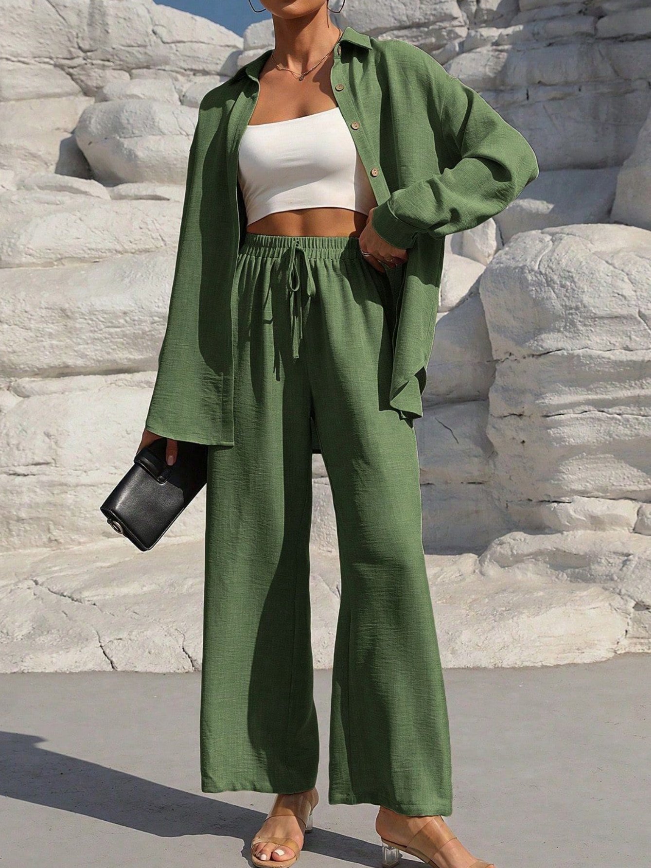 Women Plain Split Joint Two-Piece Set Daily Long Sleeve Casual Spring/Fall Top With Pants Matching Set